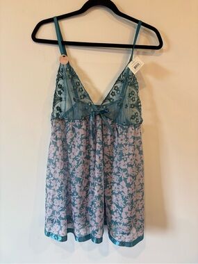 Floral Teal & Pink Lace Trim Chemise